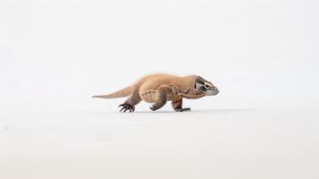 young Komodo Dragon is seen walking forward against a bright white backdrop. The creatures distinctive features and patterns are clearly visible in this isolated setting. photo