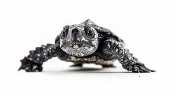 tiny Leatherback sea turtle hatchling is making its way across a bright white surface highlighted by soft lighting. Its unique patterns are clearly visible as it moves. photo
