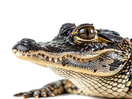 American Alligator lies comfortably on a white surface showcasing its rough skin and sharp teeth illuminated by dramatic side lighting for a striking visual effect. photo