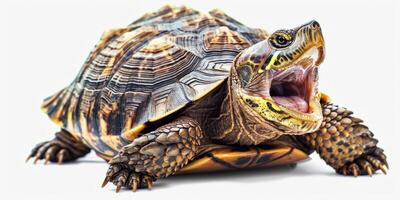 alligator snapping turtle is captured in a still position revealing its textured shell and open mouth illuminated by soft dramatic light above. photo