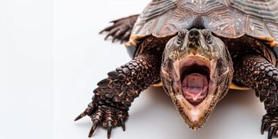 striking alligator snapping turtle showcases its rugged shell and open mouth against a white backdrop illuminated by dramatic overhead lighting emphasizing its unique features. photo