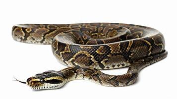 Ball Python is depicted in a curled position showcasing its smooth scales and stunning brown markings against a pure white background with soft illumination. photo