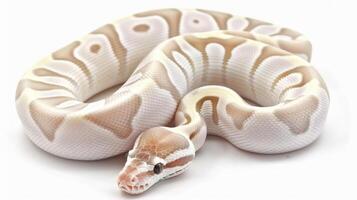 Ball Python features smooth scales and intricate brown patterns while comfortably curled in a serene white setting showcasing its beauty and elegance. photo