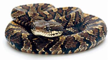 non venomous Banded Water Snake swims smoothly in a bright white space highlighting its unique banded patterns against the clean backdrop. The focus emphasizes its natural beauty. photo