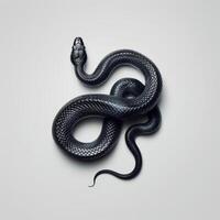striking black mamba is expertly showcased stretched out against a white background. The dramatic lighting highlights its smooth glossy scales and powerful shape. photo