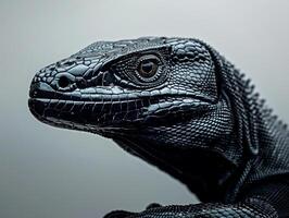Black Tree Monitor lizard showcases sleek black scales while climbing with elegance on pure white background highlighting unique features and textures in high key light. photo