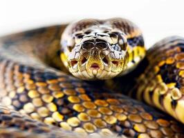 A Black headed Python is coiled with its dark head and striking patterns visible against a white background. The even lighting highlights its vibrant colors and textures. photo