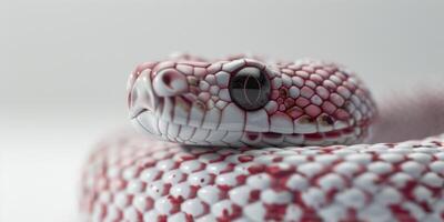 Black headed Python is elegantly coiled on a white surface highlighting its striking dark head and beautifully patterned body. The even lighting enhances its features. photo
