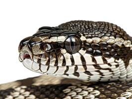 The Black headed Python displays a striking blend of dark and patterned scales coiled elegantly on a smooth white surface highlighting its stunning details and textures. photo