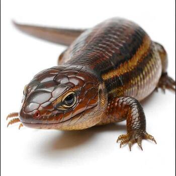 Black lined Plated Lizard basking in soft light highlighting unique armored scales and vibrant colors against a clean white backdrop creating a stunning visual. photo