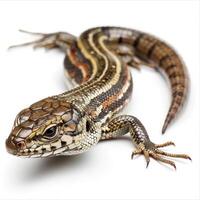 Black lined Plated Lizard rests in basking position vibrant armored scales glistening softly in light providing glimpse of its intricate patterns against a white backdrop. photo