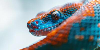 Brazilian Rainbow Boa is elegantly coiled on a white background displaying its striking iridescent scales that shimmer in soft light. The intricate patterns highlight its unique beauty. photo