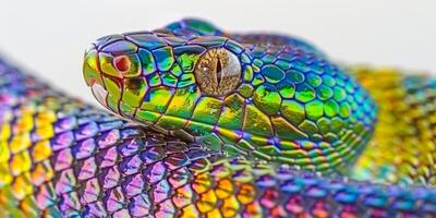 Brazilian Rainbow Boa rests gracefully displaying its stunning iridescent scales. The detailed texture and colors shimmer softly under natural light emphasizing its beauty. photo