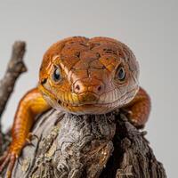 Broad headed Skink perched on branch displaying its striking colors and intricate patterns under soft lighting on a plain white background emphasizing its unique features. photo