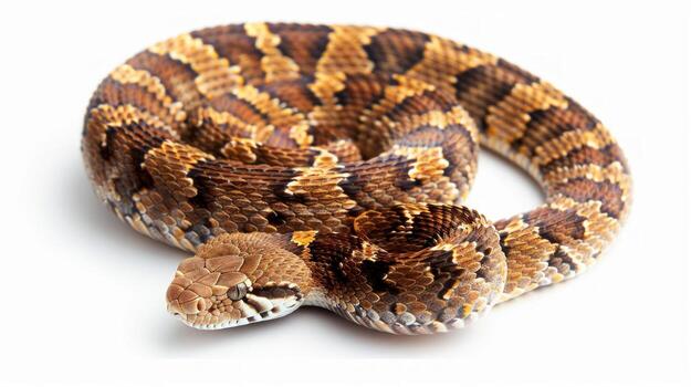 large Bullsnake is coiled and poised showcasing its beautiful patterned scales against a bright white background emphasizing the vivid colors and textures. photo