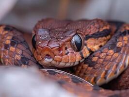 Bushmaster snake displays its distinctive reddish brown scales while coiled in a dynamic pose. The soft shadows enhance the details of its scales and shape highlighting its beauty. photo