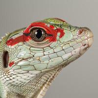 Caiman Lizard displays a striking combination of colors with its red head and green body perched against a soft white background under gentle lighting. photo