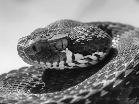 snake is elegantly coiled showcasing its distinctive reddish brown scales. This unique reptile stands out against a clean white backdrop highlighting its features. photo