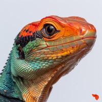 striking Caiman Lizard showcases vivid red head and green body while perched against a soft white backdrop illuminated by gentle lighting to highlight its features. photo