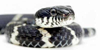 California Kingsnake is shown coiled in relaxed position featuring distinct black and white banding against clean white backdrop highlighting its unique patterns and textures. photo