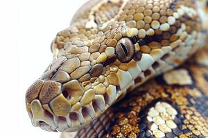 Carpet Python displays its intricate patterns as it rests in a coiled position against a soft white backdrop highlighting its unique features and textures. photo
