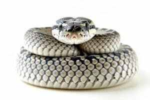 Carpet Python showcases its striking patterns while coiled in a relaxed position. The soft lighting highlights its scales against the clean white background. photo