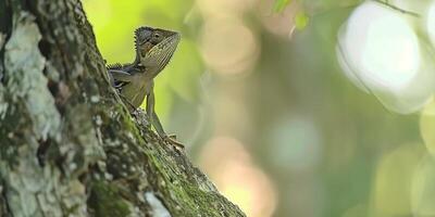 striking lizard displays its unique spiny crest while resting on a branch in a serene environment. Soft lighting enhances its vivid colors and details. photo