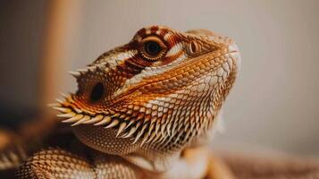 Central Bearded Dragon basks in a well lit environment displaying its unique spiky beard and vivid colors isolated against a white backdrop for full clarity and detail. photo
