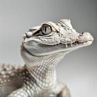chino caimán mentiras tranquilamente en contra un blanco fondo mostrando sus áspero piel textura y distinto caracteristicas debajo dramático Encendiendo revelador sus único reptil rasgos. foto