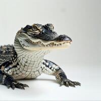 small Chinese Alligator with textured skin lies calmly on a white background. The dramatic lighting enhances its unique features and reptilian charm. photo