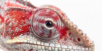 Chameleon Forest Dragon rests calmly against a soft white backdrop displaying its striking colors and unique spiny crest in soft ambient light. photo