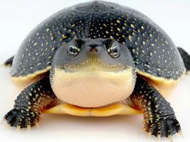 Chinese Softshell Turtle lies comfortably on a soft surface showcasing its leathery shell and unique pattern under gentle light against a pure white backdrop. photo