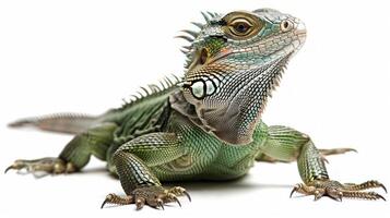 Chinese Water Dragon showcases its striking green scales while resting on a smooth surface. The soft shadows enhance the intricate textures of its skin and unique morphology. photo