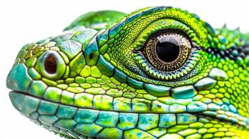 Chinese Water Dragon displays its stunning green scales perched confidently against a clean white backdrop. The macro lens highlights its unique features and textures. photo