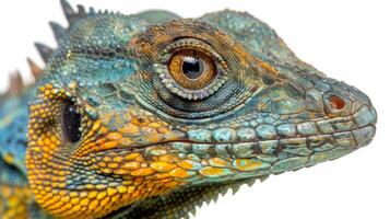 Common Basilisk lizard stands alert on a white background. Its distinctive bright colors and physical features are highlighted reflecting the adaptability of this agile reptile. photo