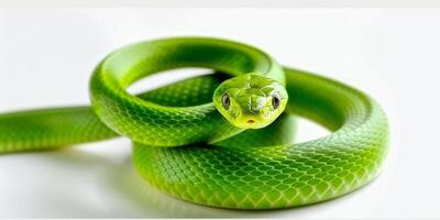 Common Green Snake is elegantly coiled displaying its vivid green color and delicate scales against a clean white backdrop illuminated by bright light. photo