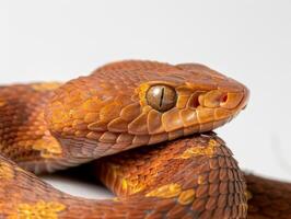 striking Copperhead Snake displays its vibrant copper scales while coiled in a dramatic pose. The unique side lighting enhances its intricate patterns against a white backdrop. photo