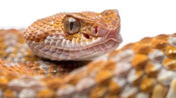 A Copperhead Snake is elegantly coiled with its distinctive copper colored scales highlighted by dramatic side lighting. The isolated setting emphasizes its unique features and textures. photo