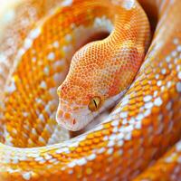 corn snake is coiled loosely showcasing its striking orange and red patterns against a clean white backdrop. The lighting highlights its unique scales and features. photo