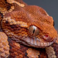 captivating Copperhead Snake adorned with rich copper colored scales is elegantly coiled and highlighted against a pristine white backdrop emphasizing its unique features. photo