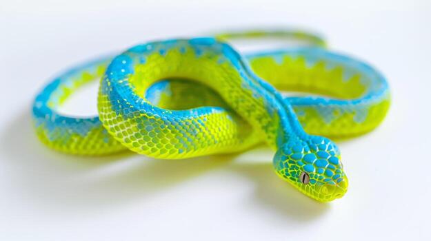 striking Coral bellied Ringneck Snake rests in coiled position against pristine white background highlighting its vibrant underbelly and detailed scale patterns in bright lighting. photo