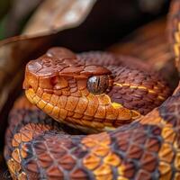 Copperhead Snake is elegantly coiled showcasing its striking copper colored scales under dramatic side lighting isolated on a white backdrop for emphasis. photo