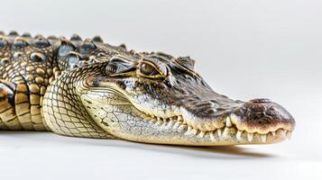 This specimen of a Cuban Crocodile lies quietly against a white backdrop highlighting its distinct rough skin and intricate textures. The image captures the beauty of this reptile. photo