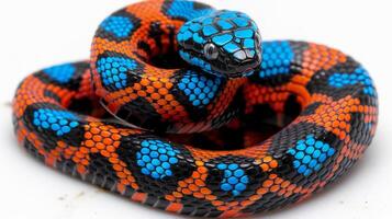 Coral bellied Ringneck Snake displays its striking bright underside while coiled in a relaxed position against a clean white backdrop showcasing its vibrant colors. photo