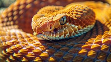 A striking Copperhead Snake is coiled and isolated against a white backdrop highlighting its unique copper colored scales with dramatic side lighting for enhanced detail. photo