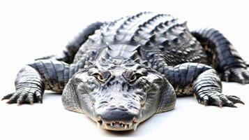 Cuban crocodile rests on a clean white surface highlighting its distinct rough skin and impressive features. The soft shadows emphasize its textured exterior. photo
