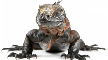 Cuban Rock Iguana stands attentively its textured skin and prominent crest clearly visible against a stark white backdrop highlighted by professional studio lighting. photo