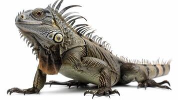 Cuban Rock Iguana displays its impressive spiky crest and rough scales showcasing alertness as it stands isolated against a bright white background in a studio setting. photo