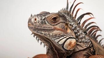 Cuban Rock Iguana displays its distinctive spiky crest and textured skin while standing alert in a controlled studio environment with white backdrop and lighting. photo