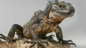 Cuban Rock Iguana showcases its impressive rough scales and spiky crest while standing alert isolated on a white background with studio lighting that highlights its features. photo